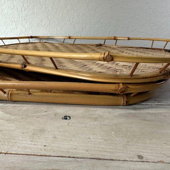 Matching Pair of Large Decorative Bamboo Trays 19in x 13 in - Picture 3 of 10
